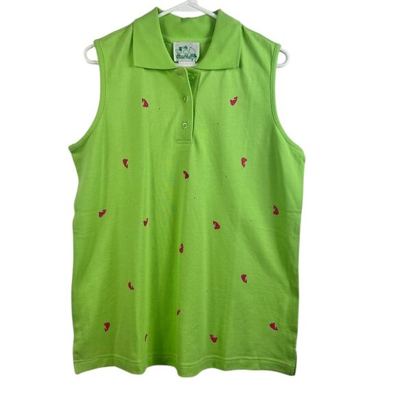 The Quacker Factory Green Pink Whale Print Collared Sleeveless Polo Top Large - Picture 1 of 12